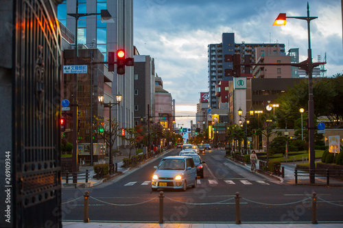 YAMAGATA  JAPAN -October 28 2018 Cars on Yamagata City Road  Night Trade District and Night Lights.
