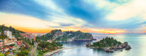 Panoramic aerial view of Isola Bella island and beach in Taormina photo