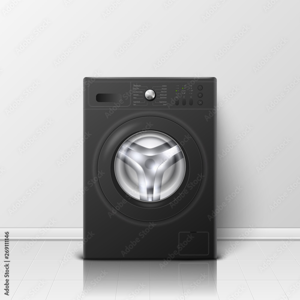 Vector Background with 3d Realistic Modern Black Steel Washing Machine Closeup. Background. Design Template of Wacher. Front View, Laundry Concept Vector Background with 3d Realistic Modern Black Steel Washing Machine Closeup. Background. Design Template of Wacher. Front View, Laundry Concept