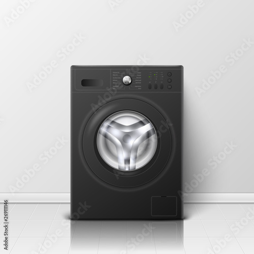 Vector Background with 3d Realistic Modern Black Steel Washing Machine Closeup. Background. Design Template of Wacher. Front View, Laundry Concept