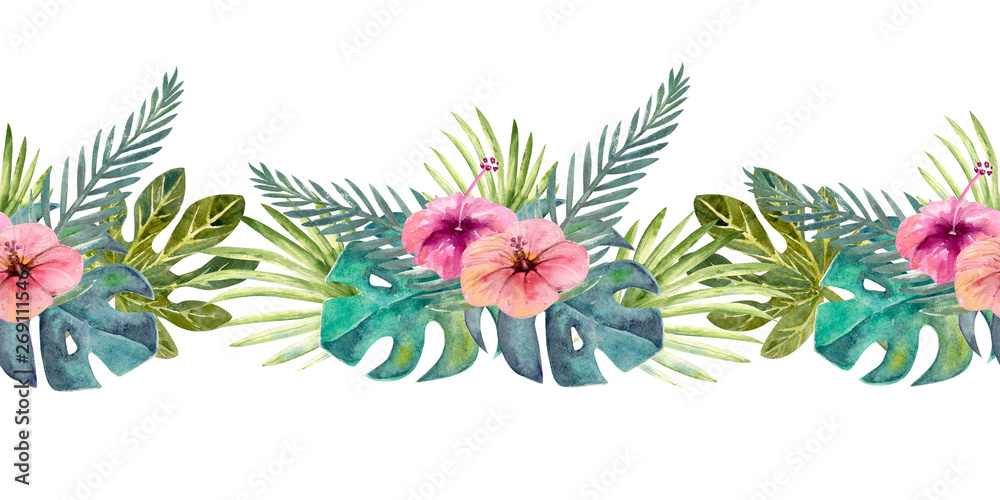 Tropical leaves . Repetition of summer horizontal border. Floral watercolor. Watercolor compositions for the design of greeting cards or invitations. Illustration Tropical leaves . Repetition of summer horizontal border. Floral watercolor. Watercolor compositions for the design of greeting cards or invitations. Illustration