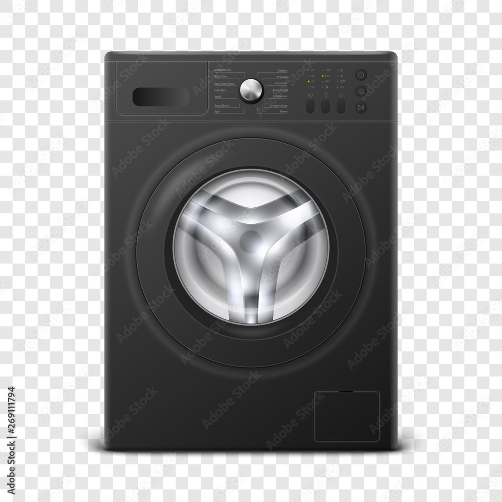 Vector 3d Realistic Modern Black Steel Washing Machine Icon Closeup Isolated on Transparent Background. Design Template of Wacher. Front View, Laundry Concept Vector 3d Realistic Modern Black Steel Washing Machine Icon Closeup Isolated on Transparent Background. Design Template of Wacher. Front View, Laundry Concept