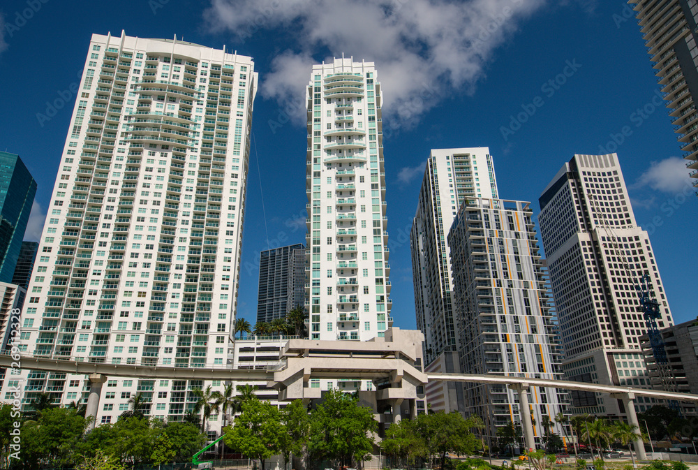 Highrise buildings Downtown Miami FL on a blue sky