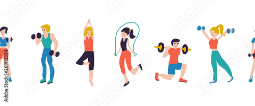 Fitness workout characters seamless vector illustration border. Sport club gym body-building powerlifting health training dumbbells barbell yoga jump rope. Healthy lifestyle. 