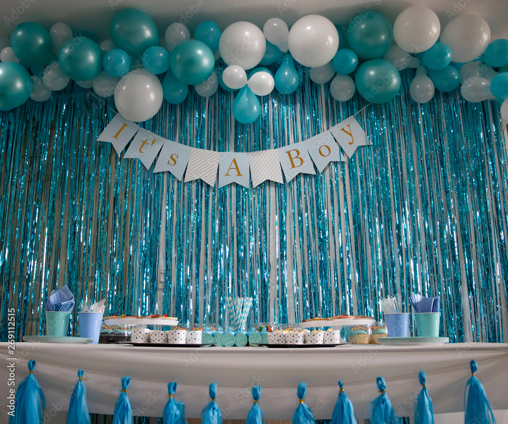 Baby Boy shower backdrop. Blue and white color . It's Baby boy sign