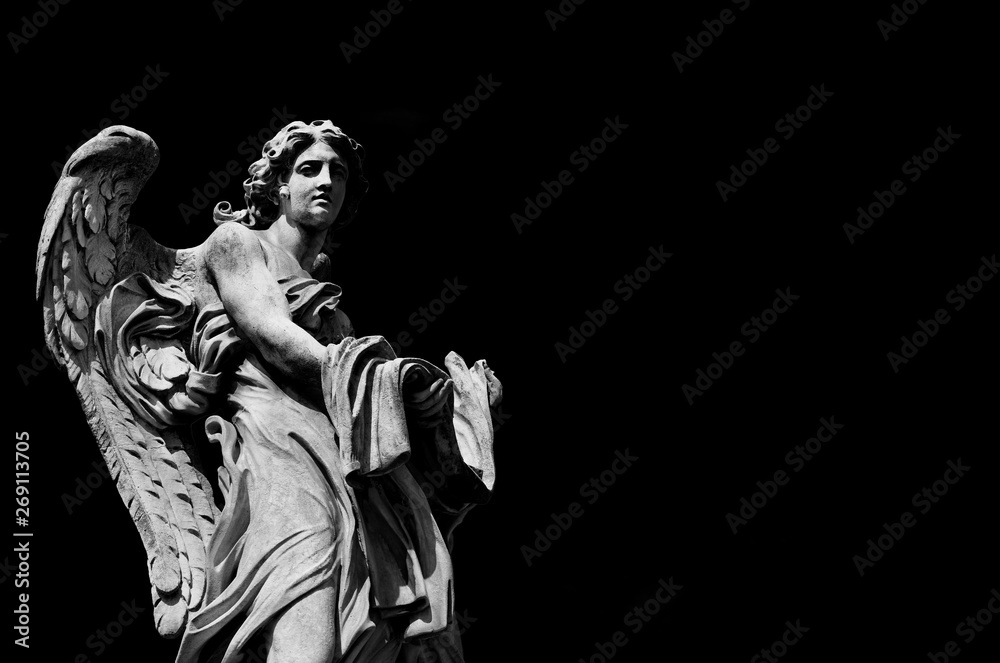 Angel marble statue with garment and dice, a 17th century baroque masterpiece on Holy Angel Bridge in Rome (Black and White with copy space) Angel marble statue with garment and dice, a 17th century baroque masterpiece on Holy Angel Bridge in Rome (Black and White with copy space)