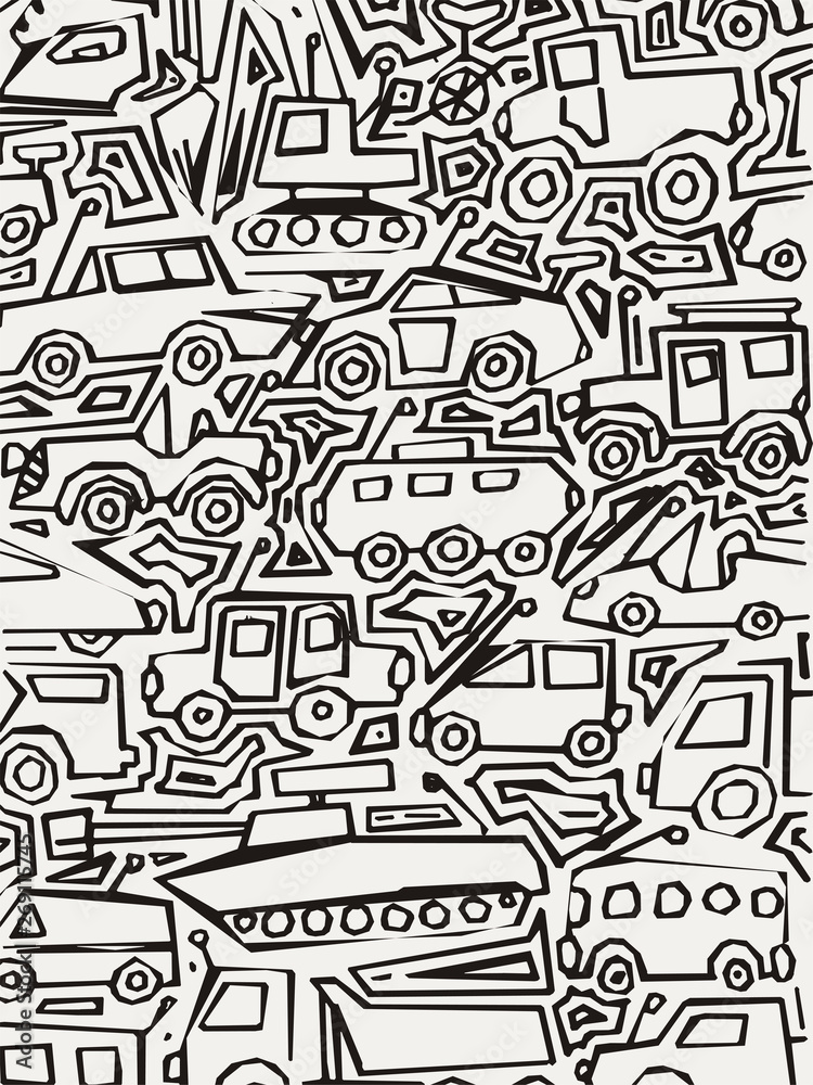 Vector monochrome auto pattern, doodle lines, black and white grunge background