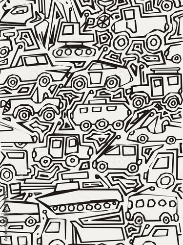 Vector monochrome auto pattern  doodle lines  black and white grunge background