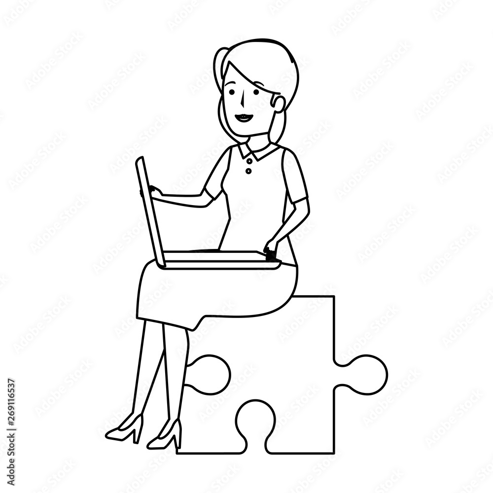 young businesswoman sitting in puzzle piece young businesswoman sitting in puzzle piece