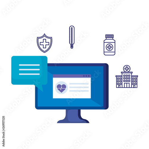 desktop with heart cardio and telemedicine icons