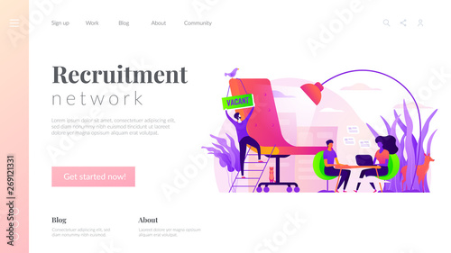 Recruitment agency, human resources service, recruitment network and candidate interview concept. Website homepage interface UI template. Landing web page with infographic concept hero header image.