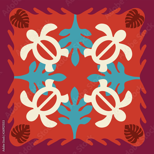 Hawaiian quilt illustration, nature, turtle, honu, leaves, background, fabric, textiles, summer image