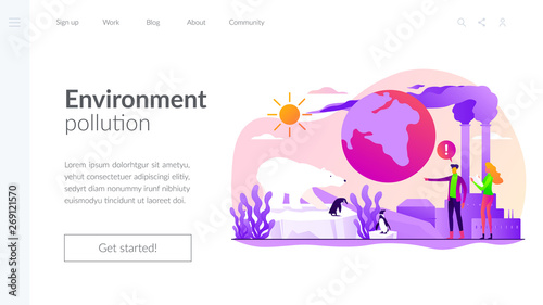 Global warming, environment pollution, global heating impact concept. Website homepage interface UI template. Landing web page with infographic concept hero header image.