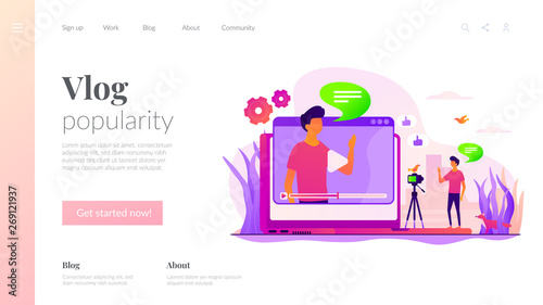 Cartoon blogger streaming online outdoors. Male influencer shooting video tutorial. Video blog, vlog popularity, video blog monetization concept. Website homepage header landing web page template.