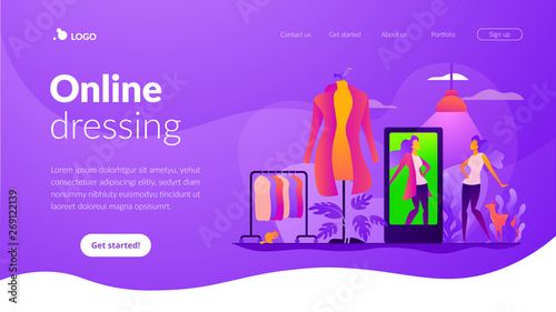 Virtual fitting room, online dressing, e-commerce clothing room concept. Website interface UI template. Landing web page with infographic concept creative hero header image.
