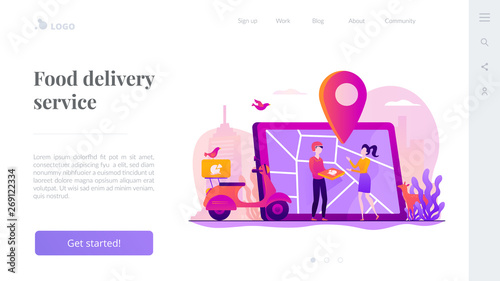 Delivery man delivered pizza to customer by scooter, map on tablet, tiny people. Food delivery service, online food ordering, 24 7 food service concept. Website homepage header landing web page