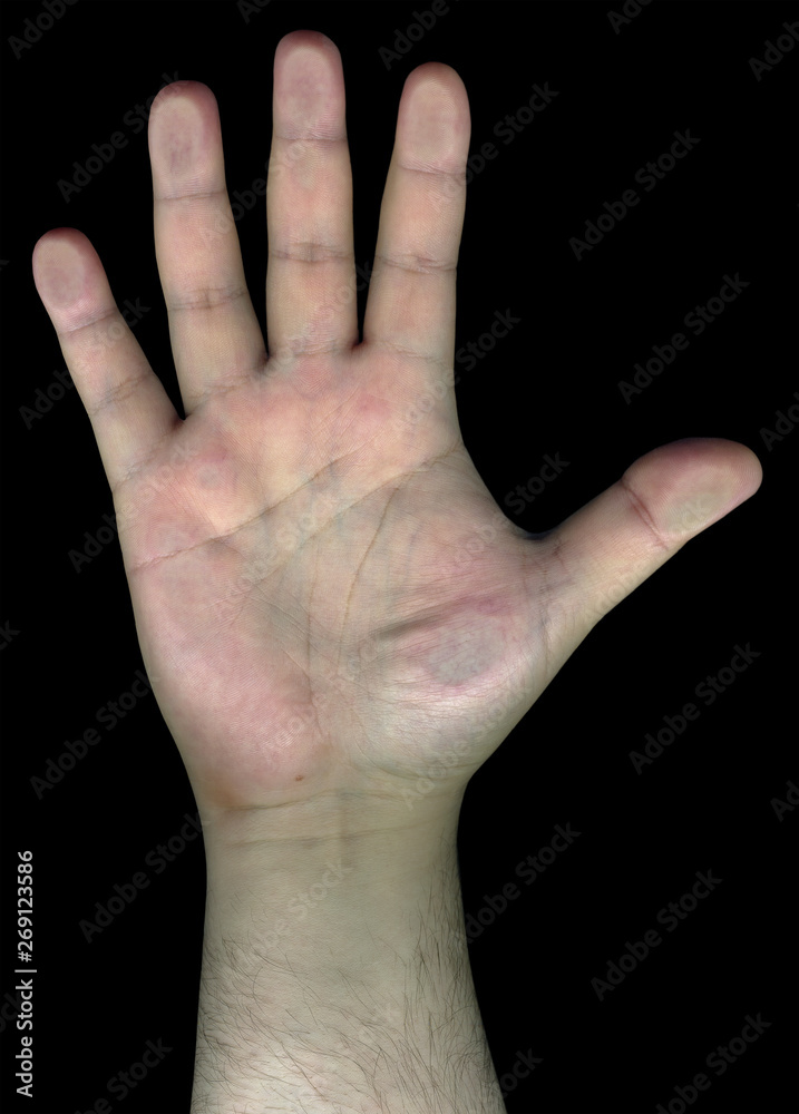 Hand behind glass on black background, Male hand is showing five fingers