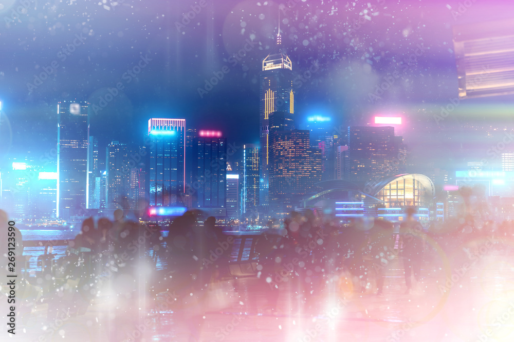 Obraz premium Abstract colorful bokeh with city night background. Double exposure