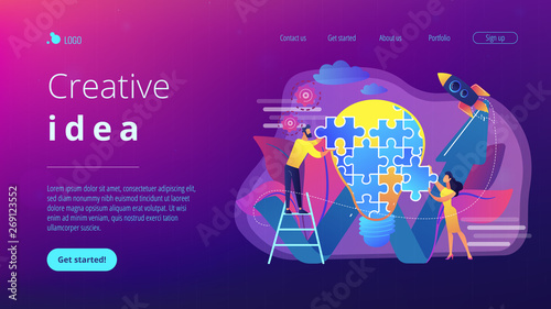 Business team doing lightbulb from jigsaw puzzle and rising arrow. Creative idea and insight, notion, invention concept on white background. Website vibrant violet landing web page template.