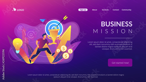 Businessman with trophy running and rising arrow. Business mission, mission statement, business goals and philosophies concept on white background. Website vibrant violet landing web page template.