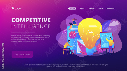 Business people analyzing and lightbulb. Competitive intelligence and environment, information and marketplace analysis concept on white background. Website vibrant violet landing web page template.