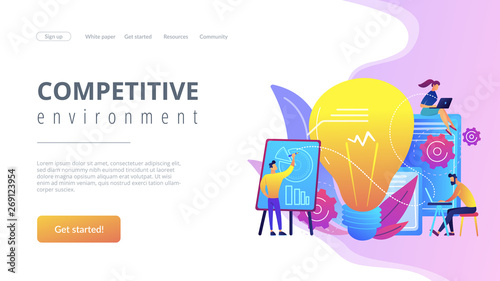 Business people analyzing and lightbulb. Competitive intelligence and environment, information and marketplace analysis concept on white background. Website vibrant violet landing web page template.