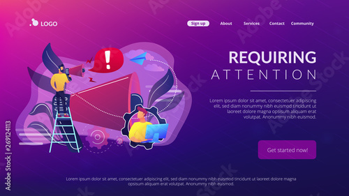 Businessman talk in megaphone with exclamation point. Draw attention, attention span and take note, requiring attention concept on white background. Website vibrant violet landing web page template.