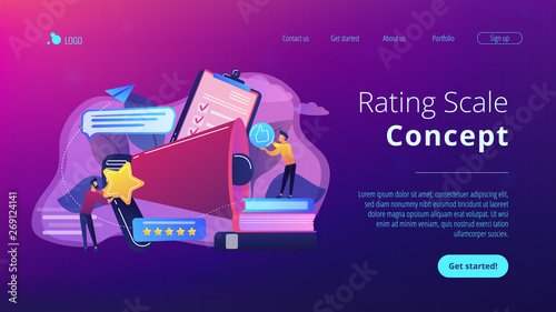 Megaphone and businessmen rate with stars and thumb up icons. Rank and rating scale, high-ranking, top-ranking concept on white background. Website vibrant violet landing web page template.