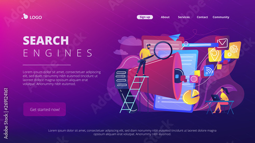 Business team with megaphone and media icons work on search engines optimization. Online marketing, seo tools concept on white background. Website vibrant violet landing web page template.