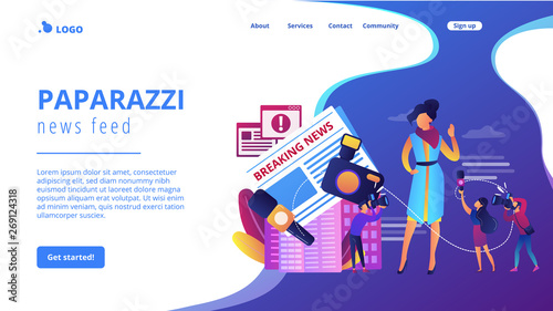 Journalists interviewing famous person. Reporters following celebrity. Yellow online press, paparazzi news feed, yellow journalism concept. Website homepage landing web page template.