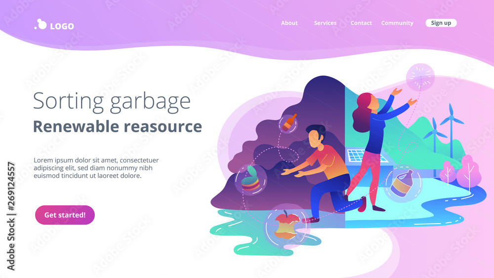 People trying reach zero waste. Technology of ecological waste free journey focusing on landfill trash. Sorting garbage, renewable resourse landing page. Vector illustration on ultraviolet background