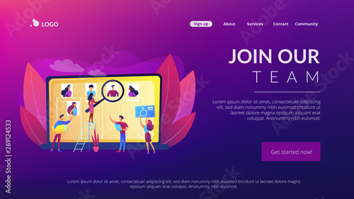 Recruitment agency, employment service. HR manager searching candidate CV. Wanted employees, vacancies are open, join our team, we re hiring concept. Website homepage landing web page template.
