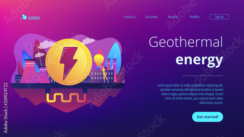 Eco friendly geothermal renewable energy plant and light bulb. Geothermal energy, renewable sources, enhanced geothermal system concept. Website vibrant violet landing web page template.