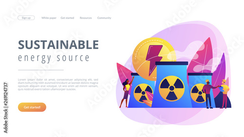 Engineers working at nuclear power plant reactors releasing energy. Nuclear energy, nuclear power plant, sustainable energy source concept. Website vibrant violet landing web page template.