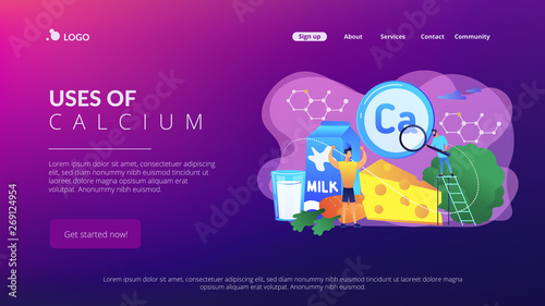 Tiny people, healthy sportsman with organic food high in calcium. Uses of calcium, calcium dietary supplement, strong bones and teeth concept. Website homepage landing web page template.