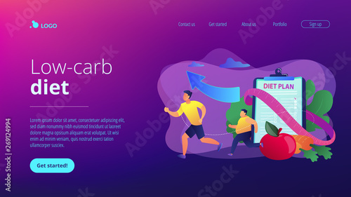 Businessman running and losing weight with diet plan and healthy food, tiny people. Weight loss diet, low-carb diet, healthy meal food concept. Website homepage landing web page template.