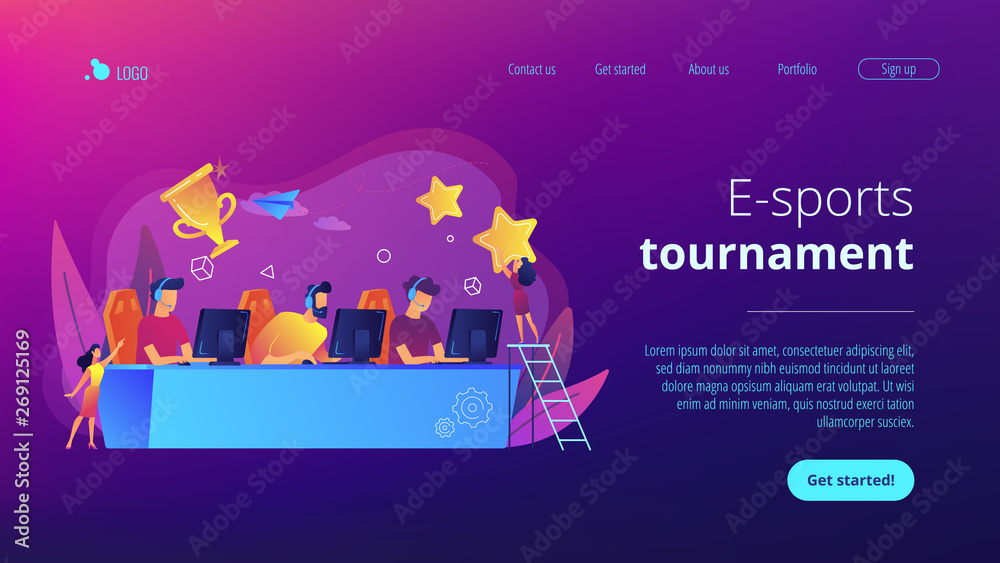 Professional gamers at table taking part in e-sport competition and trophy. E-sports tournament, game official event, e-sports championship concept. Website vibrant violet landing web page template. Professional gamers at table taking part in e-sport competition and trophy. E-sports tournament, game official event, e-sports championship concept. Website vibrant violet landing web page template.