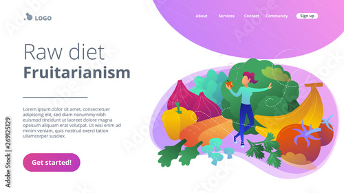 A white woman among fruits, vegetables and mushrooms. Raw diet, frutarianism landing page. Raw veganism, raw foodism, juicearianism and sproutarianism. Vector illustration on ultraviolet background.