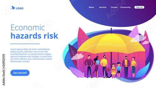 Individuals under umbrella protection against economic hazards. Social insurance, economic hazards risk, social security number concept. Website vibrant violet landing web page template.