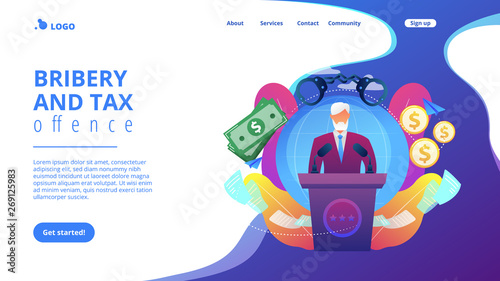 Deceitful politician speaking from tribune, corruption in politics. Political corruption, bribery and tax offence, governmental corruption concept. Website vibrant violet landing web page template.