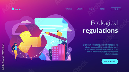 Specialists writing new mandatory recycling laws for country. Government mandated recycling, ecological regulations, local recycling laws concept. Website vibrant violet landing web page template.