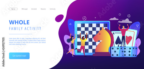Entertainment of tiny people playing and winning chess, game cards and dice. Board game, leisure time activity, whole family activity concept. Website vibrant violet landing web page template.