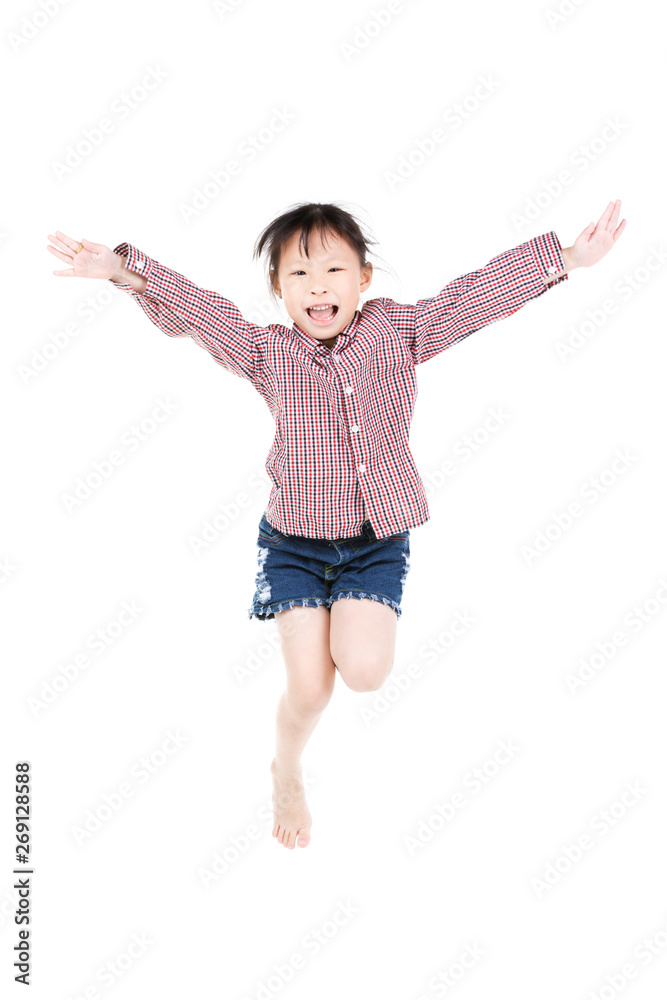 Portrait of happy little Asian child jumping isolated on white Portrait of happy little Asian child jumping isolated on white
