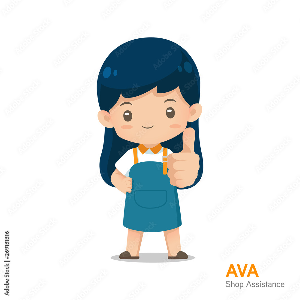 Cute cartoon shop assistance mascot in apron uniform in give a thumbs up action use for illustration
