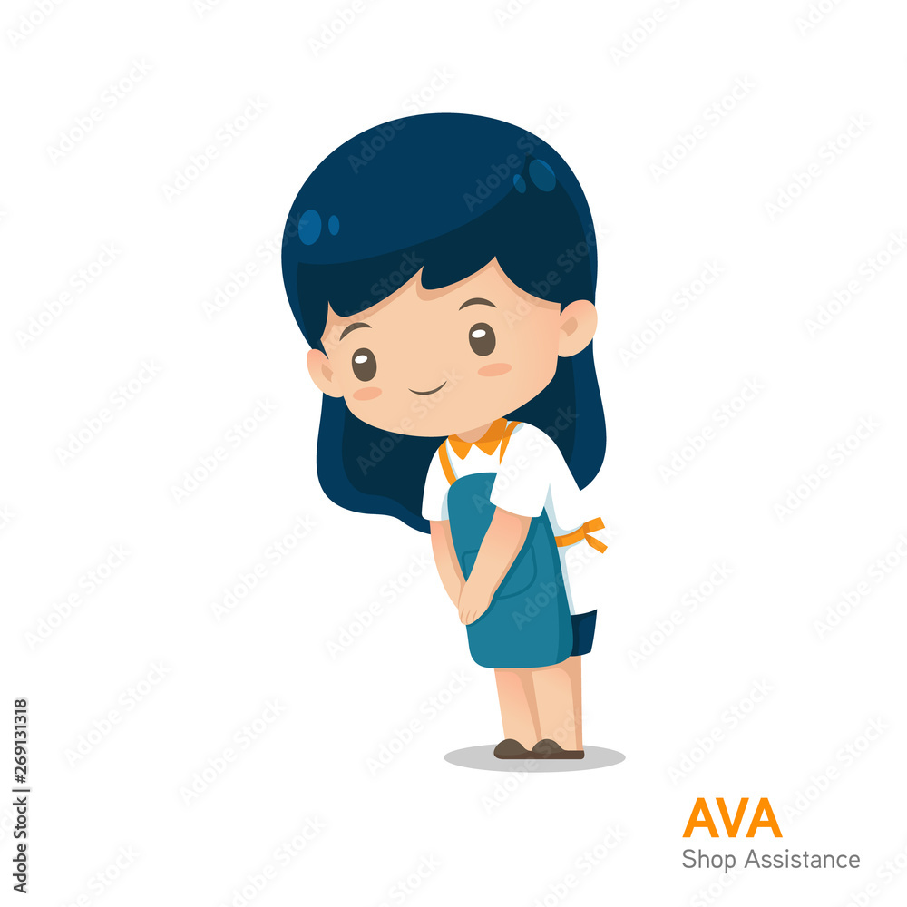 Cute cartoon shop assistance mascot in apron uniform in respecting action use for illustration Cute cartoon shop assistance mascot in apron uniform in respecting action use for illustration