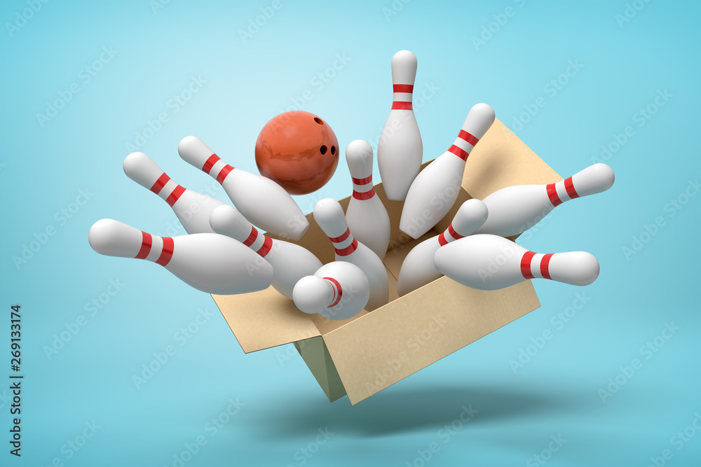 3d rendering of cardboard box full of white bowling pins and one brown bowling ball in mid-air on light-blue background. 3d rendering of cardboard box full of white bowling pins and one brown bowling ball in mid-air on light-blue background.