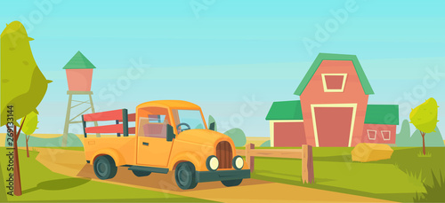 Agriculture. Farm rural landscape with orange truck, red barn, house and ranch, water tower and haystack. © Ilya_kovshik