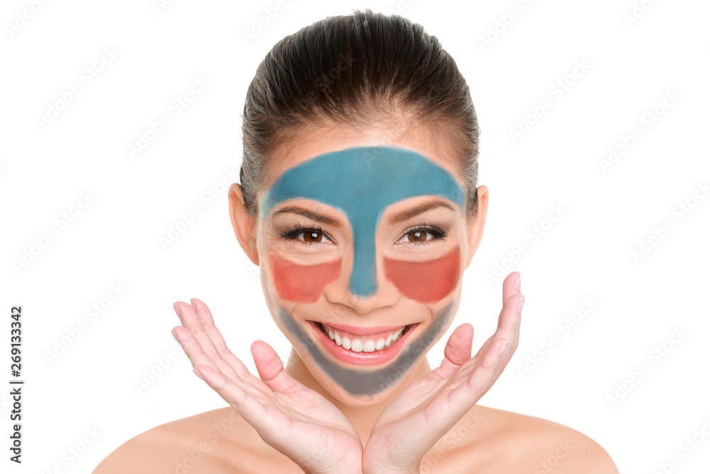 Fun beauty product multimask woman applying different masks on skin. Facial treatment trend multimasking. Face mask lifestyle.