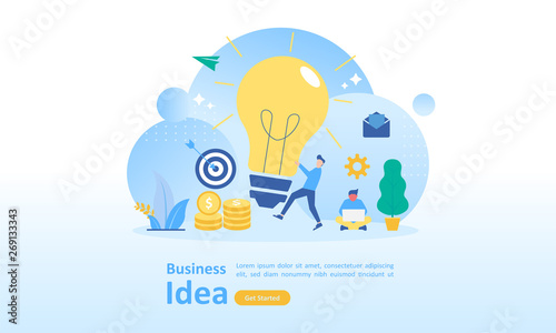 Business brainstorming, idea concept for teamwork with big yellow light bulb lamp, Suitable for web landing page, ui, mobile app, banner template. Vector Illustration