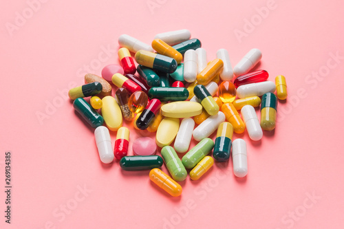 Pile of colored pills, capsule and tablets